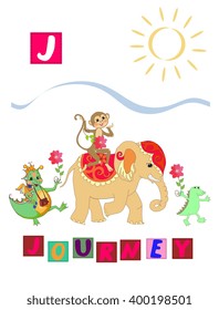 Cute cartoon english alphabet with colorful image and word. Kids vector ABC on white background. Letter J. 