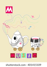 Cute cartoon english alphabet with colorful image and word. Kids vector ABC. Letter M.