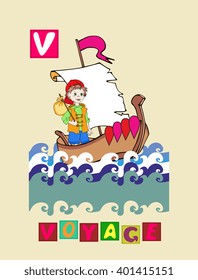 Cute cartoon english alphabet with colorful image and word. Kids vector ABC. Letter V.