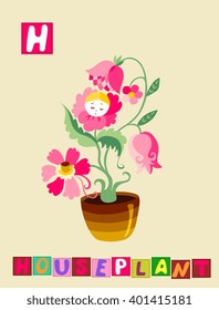 Cute cartoon english alphabet with colorful image and word. Kids vector ABC. Letter H.