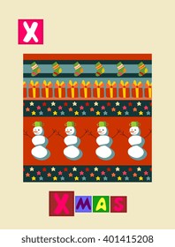 Cute cartoon english alphabet with colorful image and word. Kids vector ABC. Letter X.