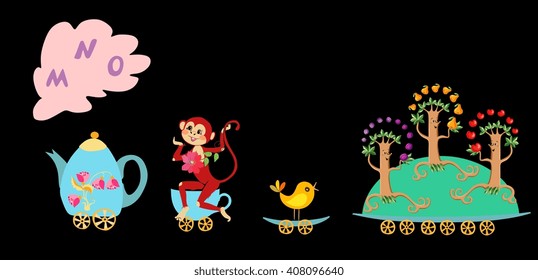 Cute cartoon english alphabet with colorful image. Teapot and cups train. Kids vector ABC. Letter M, N, O.  Monkey, nestling, orchard.