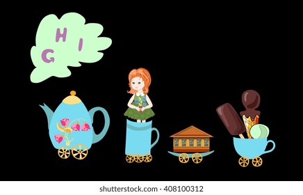Cute cartoon english alphabet with colorful image. Teapot and cups train. Kids vector ABC. Letter G, H, I. Girl, house, ice cream.
