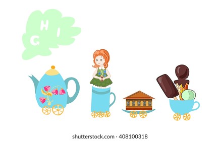 Cute cartoon english alphabet with colorful image. Teapot and cups train. Kids vector ABC. Letter G, H, I. Girl, house, ice cream.