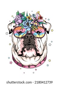 Cute cartoon english bulldog in a floral wreath and sunglasses. Beautiful  animal with flowers. Stylish summer image for printing on any surface