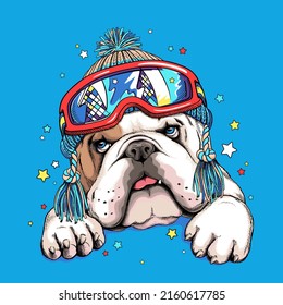 Cute cartoon english bulldog in winter hat and ski goggles. Stylish image for printing on any surface	