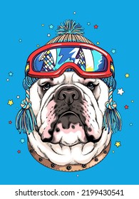 Cute cartoon english bulldog in winter hat and ski goggles. Stylish image for printing on any surface	