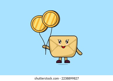 Cute cartoon Envelope businessman floating with gold coin balloon cartoon vector illustration