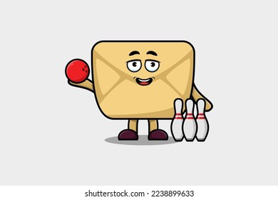 Cute Cartoon Envelope Charakter Bowling spielen in flach moderner Design-Illustration