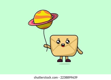 Cute cartoon Envelope floating with planet balloon cartoon vector illustration