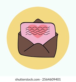 Cute Cartoon Envelope with a Love Letter. A simple, cartoon illustration of a brown envelope containing a pink note with a heart design.