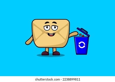 Cute cartoon Envelope throwing trash in the trash in flat modern style design illustration