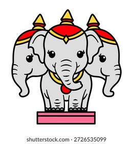 Elefante de Erawan bonito desenho animado com três cabeças, criatura mítica tailandesa no estilo chibi kawaii, ilustração vetor elefante de três cabeças isolado no fundo branco, símbolo de Airavata, personagem tradicional mascote de arte tailandesa para crianças e design.