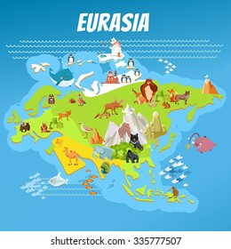 Cute cartoon eurasia continent map with landscapes and animals. Vector illustration for kids education,poster design