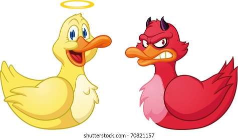Cute cartoon evil and good duck. Vector illustration with simple gradients. Both in separate layers for easy editing.