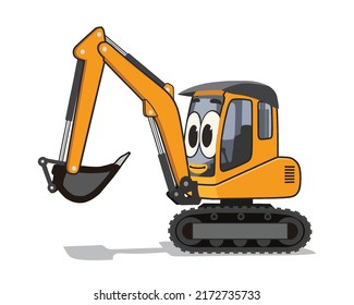 Cute Cartoon Excavator, Heavy Equipment, vector illustration isolated on white