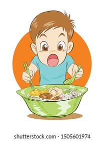 cute cartoon excise about big noodle food.vector illustration isolated cartoon hand drawn