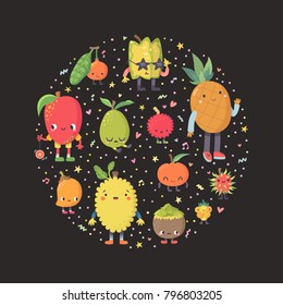 Cute cartoon exotic fruit circle illustration. Funny characters in nice colors with confetti. Part two.
