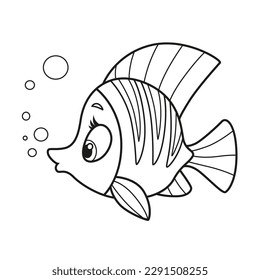 Cute cartoon exotic sea fish outlined for coloring page isolated on white background