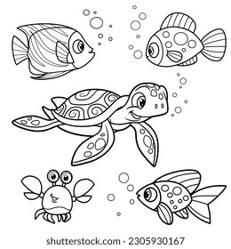 Cute cartoon exotic sea fishes,  crab and  turtle outlined for coloring page isolated on white background