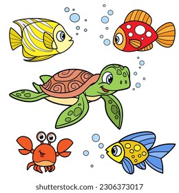Cute cartoon exotic sea fishes,  crab and  turtle color variation for coloring page isolated on white background
