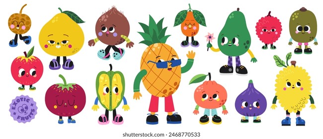 Cute cartoon exotic and tropical fruits illustrations vector set on a white background. Funny colorful characters. Part three.