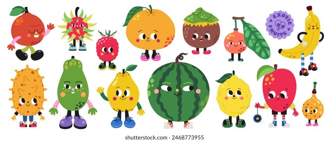 Cute cartoon exotic and tropical fruits illustrations vector set on a white background. Funny colorful characters. Part two.