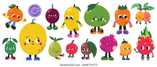 Cute cartoon exotic and tropical fruits illustrations vector set on a white background. Funny colorful characters. Part one.