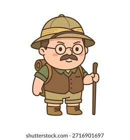 Un lindo explorador de dibujos animados con un casco de médula y sosteniendo un bastón, listo para una aventura.