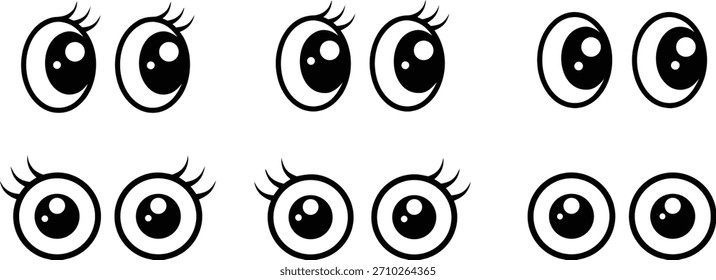 Lindas expresiones de ojos de dibujos animados con contornos negros audaces y variaciones juguetonas. Divertidos diseños de ojos estilo personaje ideales para pegatinas, emojis e ilustraciones. Perfecto para proyectos creativos,