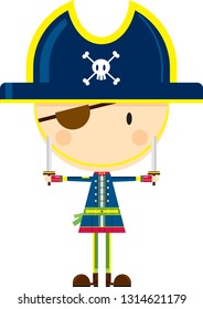 Cute Cartoon Eye Patch Pirate Captain with Swords
