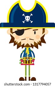 Cute Cartoon Eye Patch Pirate Captain with Treasure

