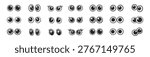 Cute cartoon eyes set, funny expressive eyeball characters, kawaii emoji style faces, simple minimal vector illustration collection isolated on transparent background