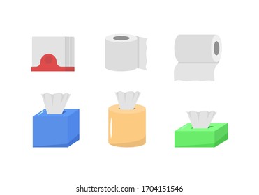 Cute Cartoon Fabric Paper Set, Roll Box, Use For Toilet, Kitchen In Flat Design. Hygienic Products. The Paper Product Is Used For Sanitary Purposes. Hygiene Icons Set. Vector Illustration, EPS 10.