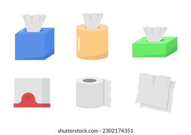 Cute cartoon fabric paper set, roll box, use for toilet, kitchen in flat design. Hygienic Products. The paper product is used for sanitary purposes. Hygiene Icons Set. Vector illustration, EPS 10.