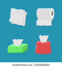 Cute cartoon fabric paper set, roll box, use for toilet, kitchen in flat design. Hygienic Products. The paper product is used for sanitary purposes. Hygiene Icons Set. Vector illustration, EPS 10.