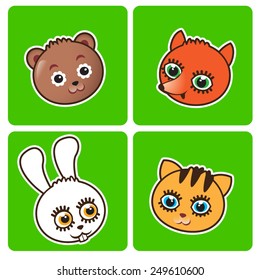 Cute Cartoon Face Bear, Rabbit, Fox, Cat Mascot Vector Illustrations. Funny Animals. Portraits Of Animals. Kids theme. Vector for design of posters, clothes, logo, invitations