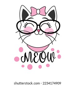 Caricatura de un lindo gato con gafas. Fondo blanco. Elemento gráfico para niños, tarjeta de saludo, portada, afiche y camiseta. Ilustración del vector