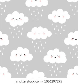 Cute Cartoon Face Cloud Seamless Pattern With Rain Drop, Grey Background, Vector Illustration