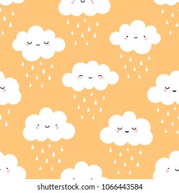 Cute cartoon face cloud seamless pattern with rain drop, yellow background, vector illustration