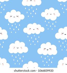 Cute cartoon face cloud seamless pattern with rain drop, blue background, vector illustration