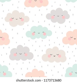 Cute Cartoon Face Cloud Seamless Pattern Background with Dot, Vector illustration