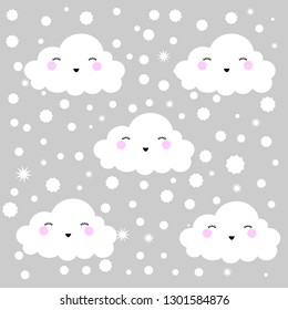 Cute Cartoon Face Cloud Seamless Pattern Background with Dot, Vector illustration