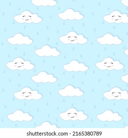 Cute Cartoon Face Cloud Seamless Pattern with rain drops.Blue background.Vector illustration.