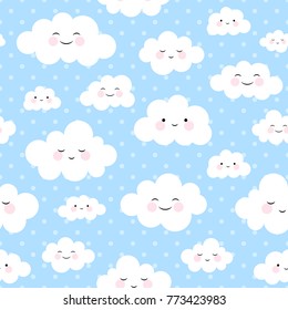 Cute Cartoon Face Cloud Seamless Pattern Background With Dot, Vector Illustration