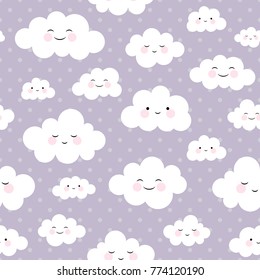 Cute Cartoon Face Cloud Seamless Pattern Background with Dot, Vector illustration