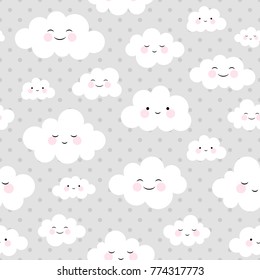 Cute Cartoon Face Cloud Seamless Pattern Background with Dot, Vector illustration