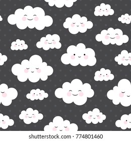 Cute Cartoon Face Cloud Seamless Pattern Background with Dot, Vector illustration