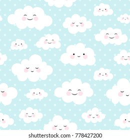 Cute Cartoon Face Cloud Seamless Pattern Background With Dot, Vector Illustration