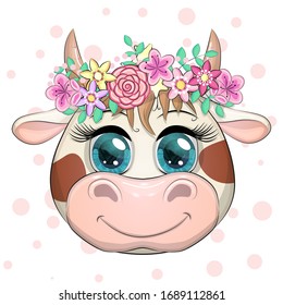 Cute Cartoon Face Cow In A Wreath Of Flowers With Beautiful Blue Eyes. Children's Illustration